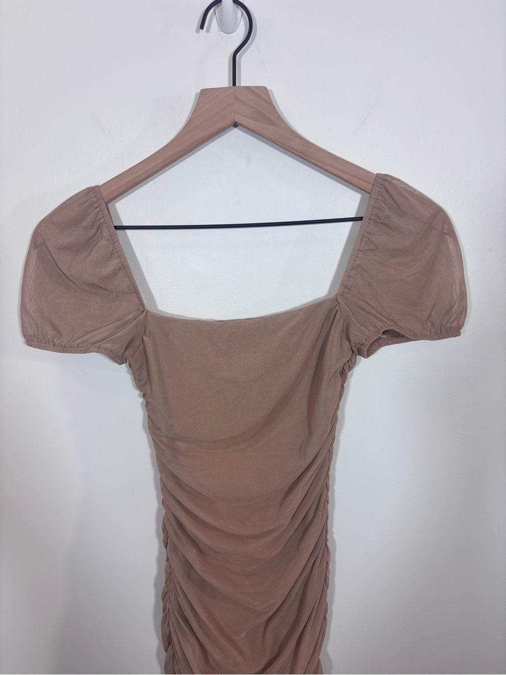 Princess Polly Charvi Mini Dress Tan NWT US 2 Ruching Sexy Mesh Stretch - Picture 9 of 14